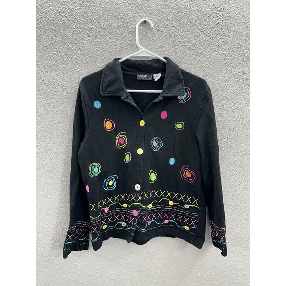 Onque Casuals Womens Button Up Size Medium Black Long Sleeve Collared Colorful - Picture 1 of 14